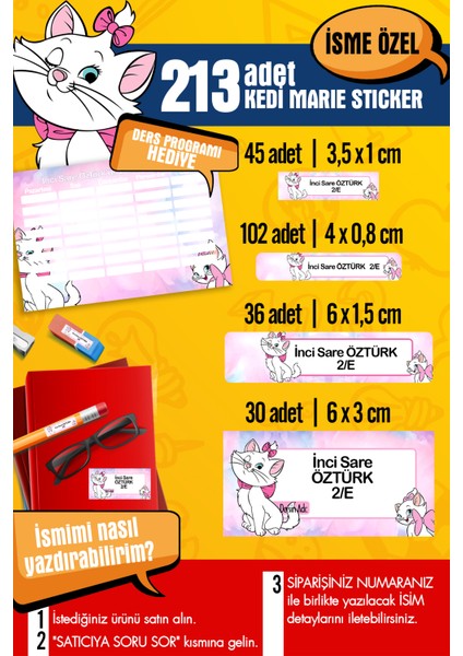Okul Etiketi Kedi Marie Temalı Özel Isim Yazılabilen Kalem, Defter, Boya, Kitap Etiketi - 213 Adet