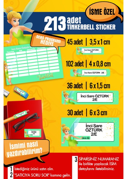 Okul Etiketi Tinkerbell Temalı Özel Isim Yazılabilen Kalem, Defter, Boya, Kitap Etiketi - 213 Adet