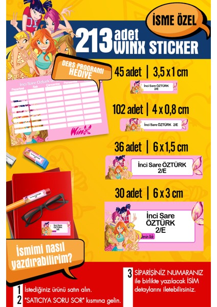 Okul Etiketi Wınx Temalı Özel Isim Yazılabilen Kalem, Defter, Boya, Kitap Etiketi - 213 Adet