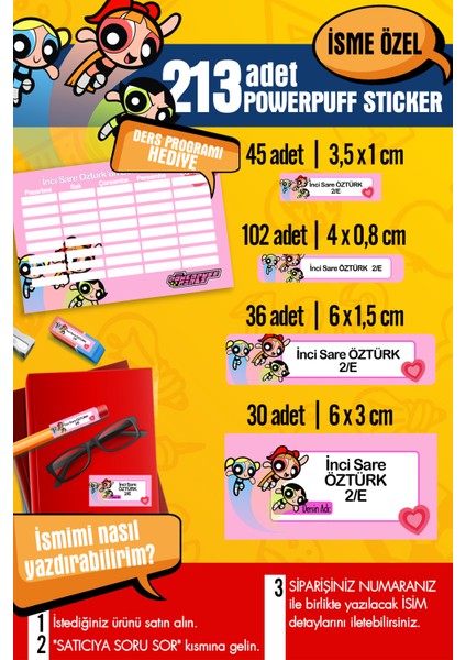 Okul Etiketi Powerpuff Temalı Özel Isim Yazılabilen Kalem, Defter, Boya, Kitap Etiketi - 213 Adet