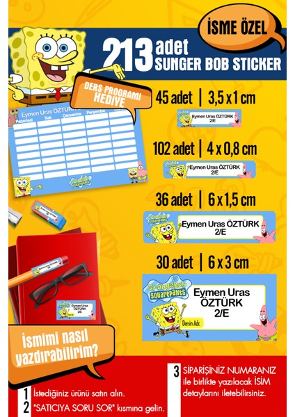 Okul Etiketi Süngerbob Temalı Özel Isim Yazılabilen Kalem, Defter, Boya, Kitap Etiketi - 213 Adet