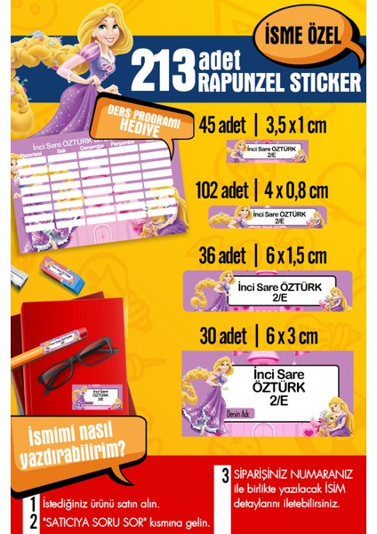 Okul Etiketi Rapunzel Temalı Özel Isim Yazılabilen Kalem, Defter, Boya, Kitap Etiketi - 213 Adet