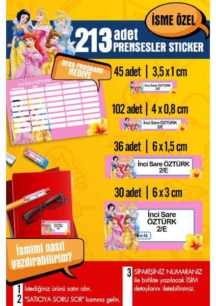 Okul Etiketi Prensesler Temalı Özel Isim Yazılabilen Kalem, Defter, Boya, Kitap Etiketi - 213 Adet