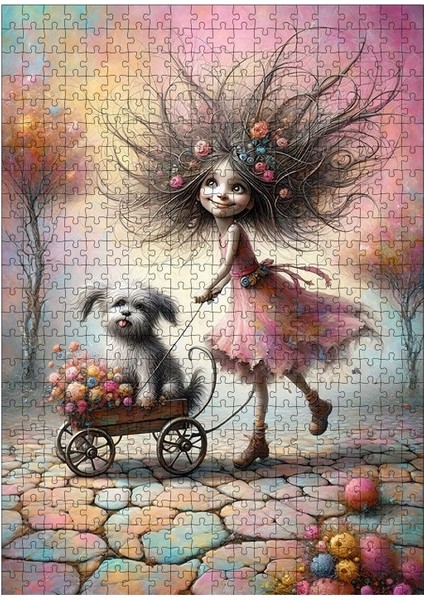 Ahşap Mdf Puzzle Yapboz Pembe Elbiseli Kız ve Köpek 500 Parça 50*70 cm