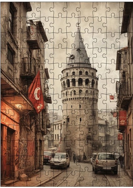 Ahşap Mdf Puzzle Yapboz Retro Istanbul Galata Kulesi 120 Parça 25*35 cm