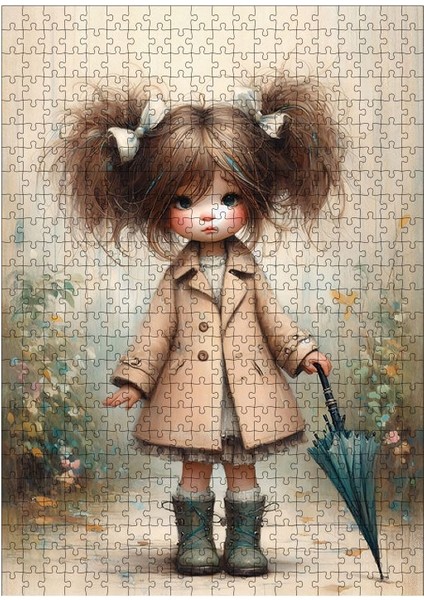 Ahşap Mdf Puzzle Yapboz Mavi Şemsiyeli Kız 500 Parça 50*70 cm