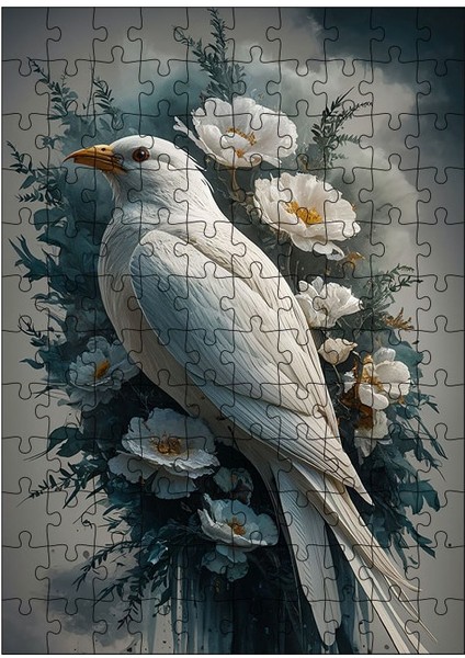 Ahşap Mdf Puzzle Yapboz Beyaz Güvercin ve Çiçekler 120 Parça 25*35 cm