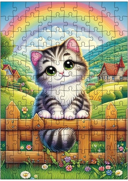 Ahşap Mdf Puzzle Yapboz Çitlerdeki Kedi 120 Parça 25*35 cm