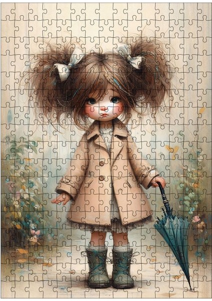 Ahşap Mdf Puzzle Yapboz Mavi Şemsiyeli Kız 255 Parça 35*50 cm