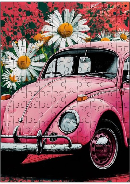 Ahşap Mdf Puzzle Yapboz Pembe Kaplumbağa Araba 120 Parça 25*35 cm