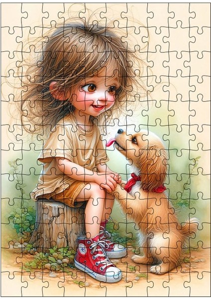 Ahşap Mdf Puzzle Yapboz Küçük Kız ve Köpeği 120 Parça 25*35 cm