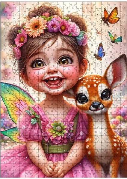 Ahşap Mdf Puzzle Yapboz Sevimli Kız Çocuğu ve Ceylan 500 Parça 50*70 cm