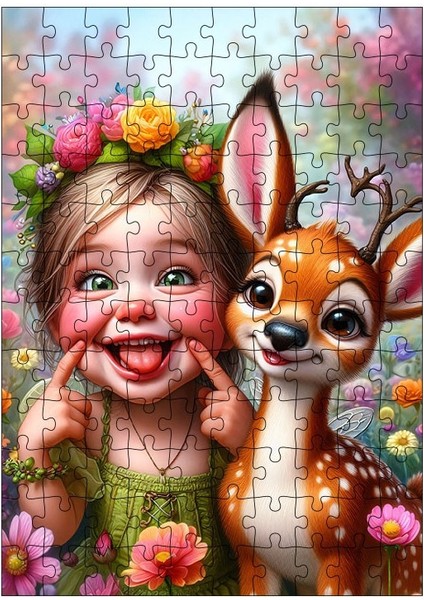 Ahşap Mdf Puzzle Yapboz Sevimli Kız Çocuğu ve Ceylan 120 Parça 25*35 cm