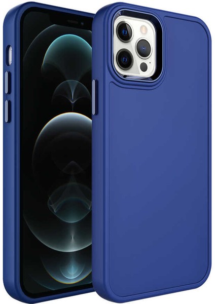 iPhone 12 Pro Max - Uyumlu Metal Çerçeve ve Buton Tasarımlı Sert Appfube Botox Kapak-Lacivert