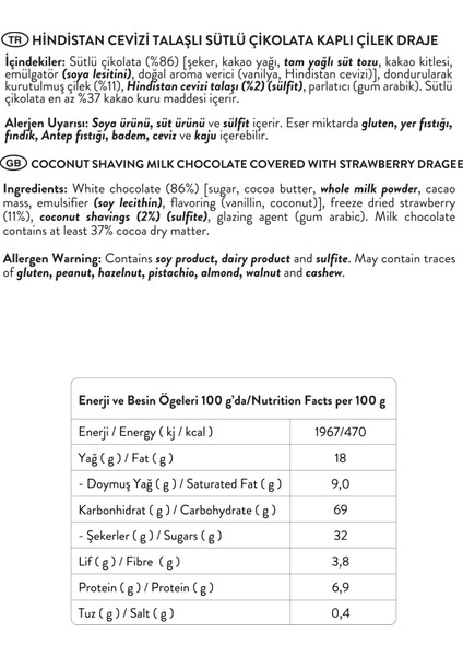 Sütlü Çikolatalı Hindistan Cevizli Çilek Draje 50 gr x 4 Adet