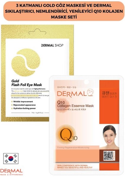 3 Katmanlı Gold Göz Maskesi ve Dermal Sıkılaştırıcı, Nemlendirici, Yenileyici Q10 Kolajen Maske Seti