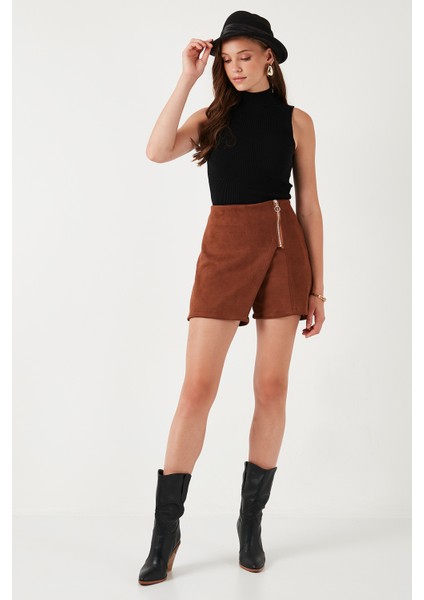 Streç Slim Fit Asimetrik Kesim Fermuarlı Kışlık Şort Etek Bayan Şort Etek 5865969