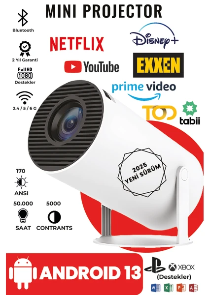 Yeni 2025 SÜRÜM Mını Projector Android 13  1280*720P Taşınabilir Ev Sinema Projektörü Smart Sürüm