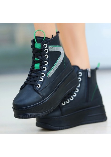 Pone Siyah Cilt Yeşil Detaylı Bağcıklı Bot indirimleri