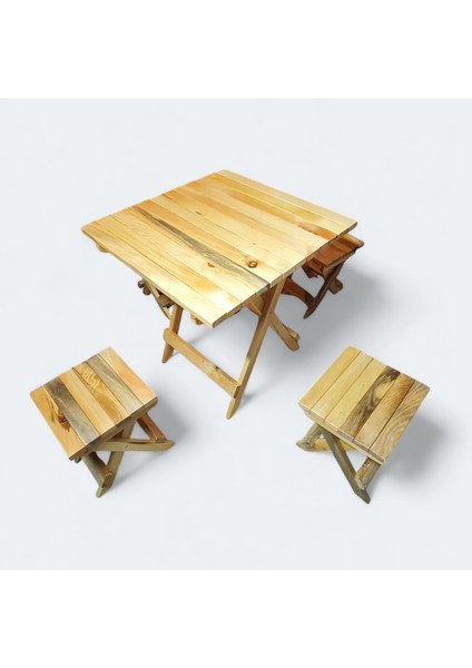 Katlanır Ahşap Kamp Piknik Masa Tabure Seti Outdoor Doğal Görünüm