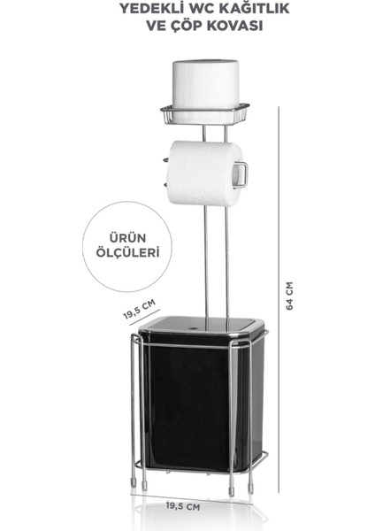 Yedekli Wc Kağıtlık ve Kare Çöp Kovası Seti - Siyah / Krom