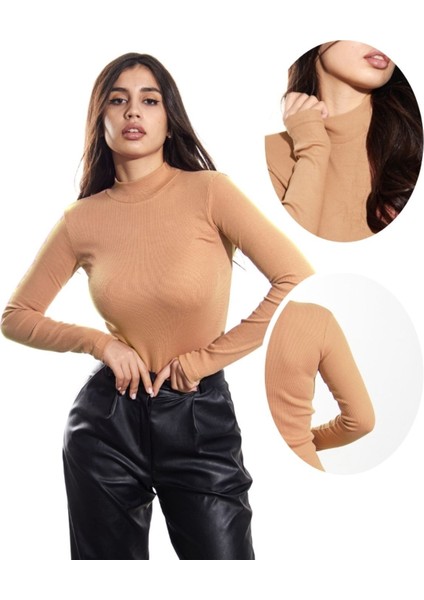 Yarım Boğazlı Kaşkorse Body Sweatshirt, Pudra, L