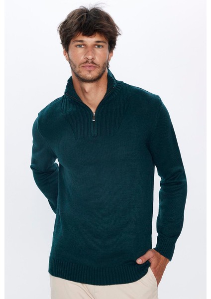 Erkek Slim Fit Dar Kesim Armürlü Fermuarlı Yeşil Dik Yaka Kazak fiyatları