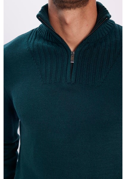 Erkek Slim Fit Dar Kesim Armürlü Fermuarlı Yeşil Dik Yaka Kazak fırsatları