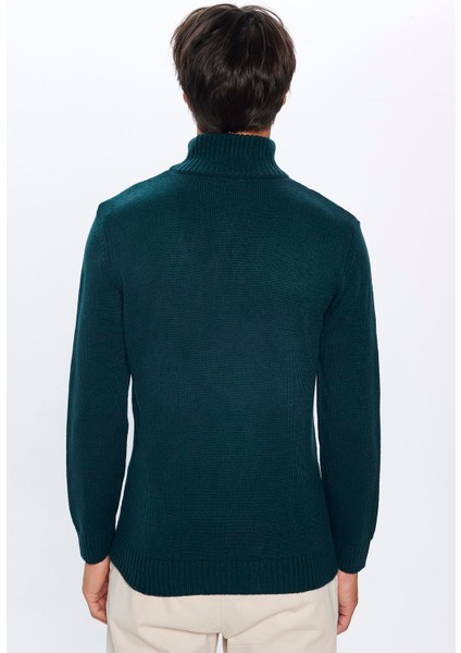 Erkek Slim Fit Dar Kesim Armürlü Fermuarlı Yeşil Dik Yaka Kazak indirimleri