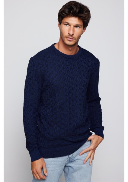 Erkek Slim Fit Bisiklet Yaka Armürlü Pamuklu Lacivert Triko Kazak