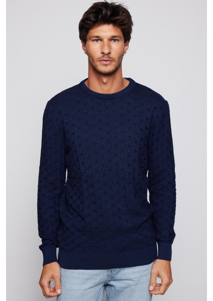 Erkek Slim Fit Bisiklet Yaka Armürlü Pamuklu Lacivert Triko Kazak modelleri