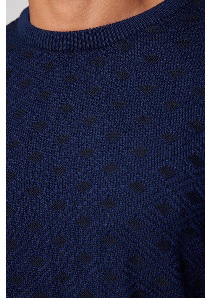 Erkek Slim Fit Bisiklet Yaka Armürlü Pamuklu Lacivert Triko Kazak fırsatları