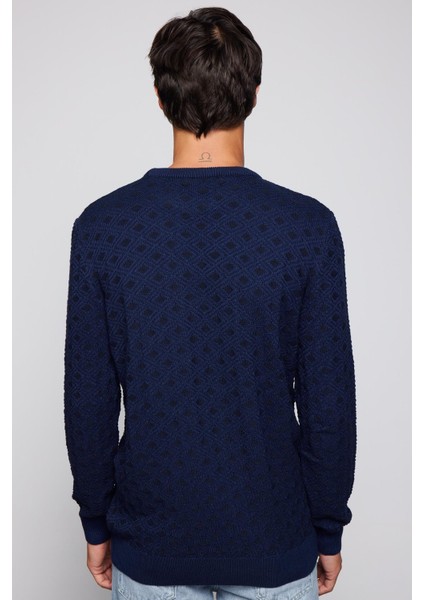 Erkek Slim Fit Bisiklet Yaka Armürlü Pamuklu Lacivert Triko Kazak indirimleri