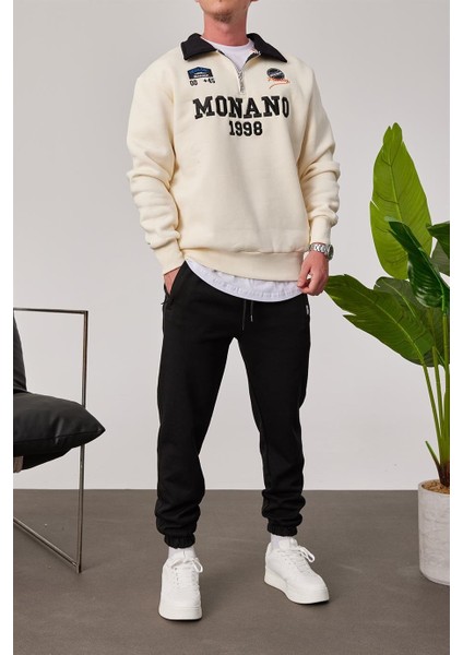 Monano Yakası Fermuarlı Krem Sweatshirt