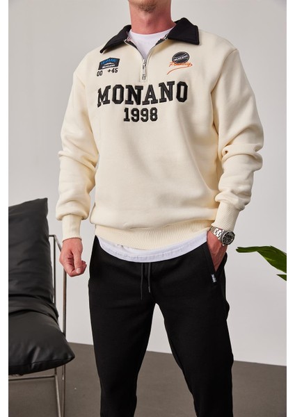 Monano Yakası Fermuarlı Krem Sweatshirt