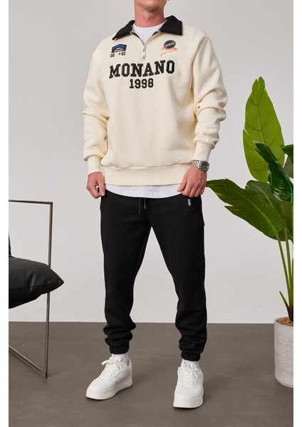 Monano Yakası Fermuarlı Krem Sweatshirt