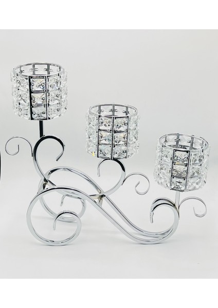 Dekoratif Kristal Şamdanlık Mumluk 3 Başlık Gümüş
