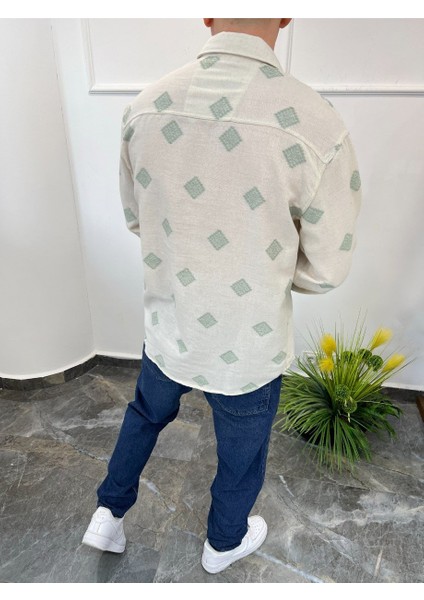 Yeşil Motifli Oversize Krem Keten Gömlek