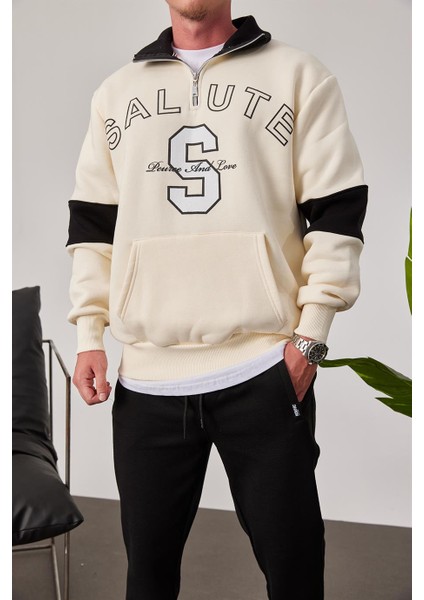 Salute Yakası Fermuarlı Krem Sweatshirt