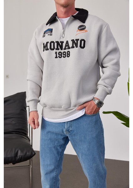 Monano Yakası Fermuarlı Gri Sweatshirt