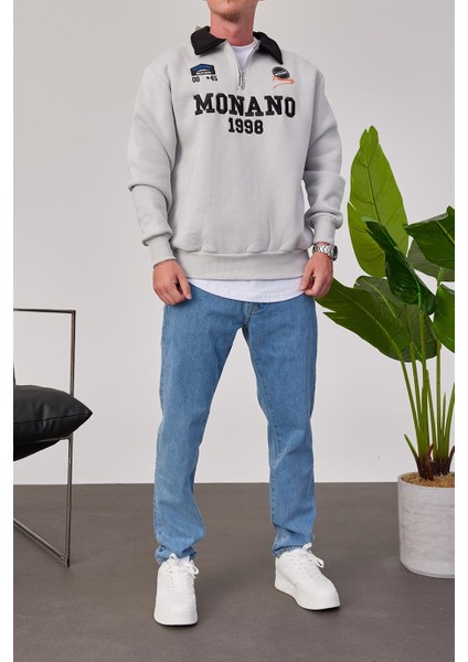 Monano Yakası Fermuarlı Gri Sweatshirt