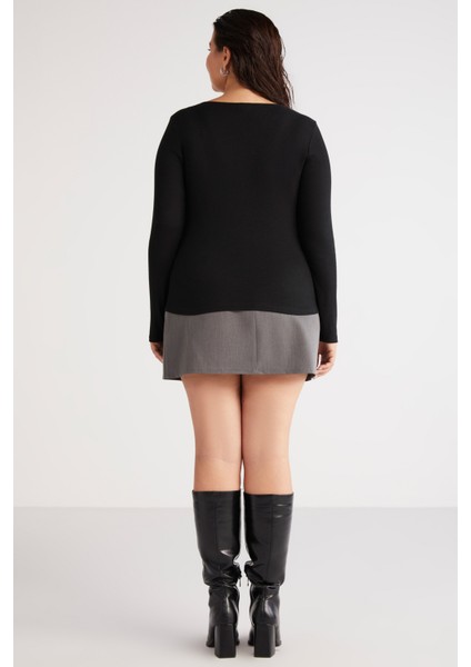 Zazanabb Kadın Fitilli Görünümlü Vücudu Saran Derin Yuvarlak Yaka Düğmeli Siyah Büyük Beden Bluz fırsatları