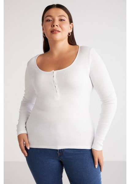 Zazanabb Kadın Fitilli Görünümlü Vücudu Saran Derin Yuvarlak Yaka Düğmeli Beyaz Büyük Beden Bluz fırsatları