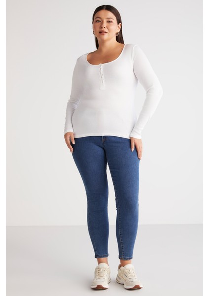 Zazanabb Kadın Fitilli Görünümlü Vücudu Saran Derin Yuvarlak Yaka Düğmeli Beyaz Büyük Beden Bluz indirimleri