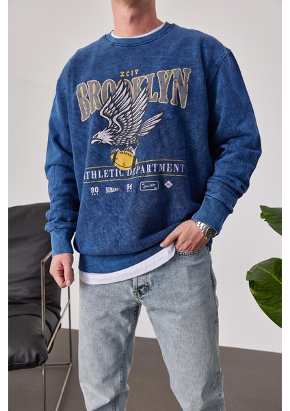 Brooklyn Yıkamalı Mavi Sweatshirt