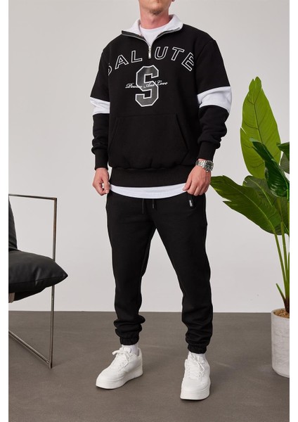 Salute Yakası Fermuarlı Siyah Sweatshirt