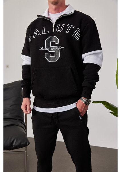 Salute Yakası Fermuarlı Siyah Sweatshirt fiyatları