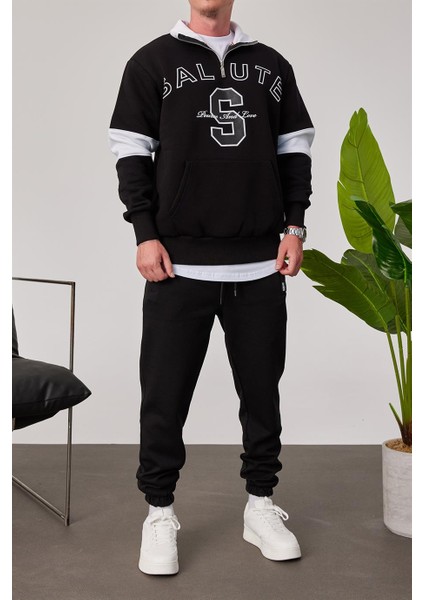 Salute Yakası Fermuarlı Siyah Sweatshirt modelleri