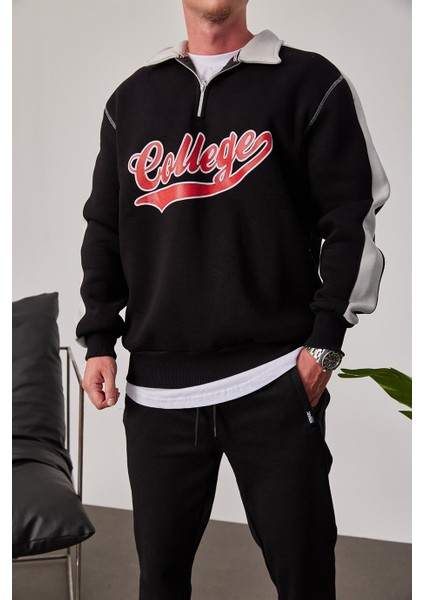 College Yakası Fermuarlı Siyah Sweatshirt