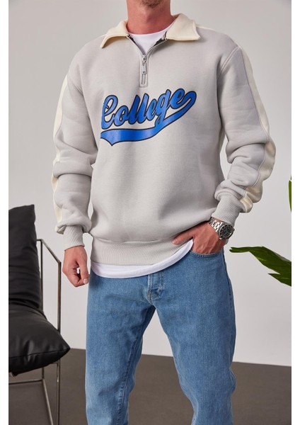 College Yakası Fermuarlı Gri Sweatshirt